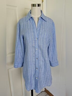 Sara Campbell Light Blue Striped Button-Up Tunic Shirt Linen Size 6 Made In USA